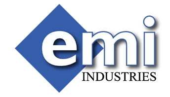 Logo with emi on blue and black background.