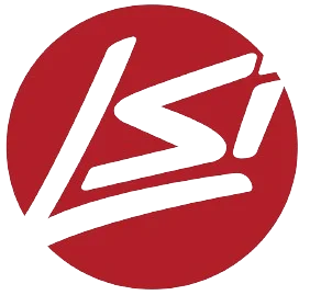 Red circle logo with stylized letters.