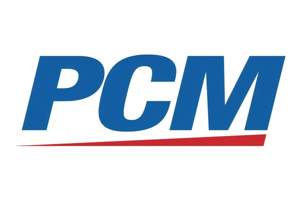 PCM logo with blue text and red underline.