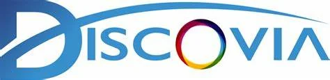 Discovia logo with rainbow letter 'O'.