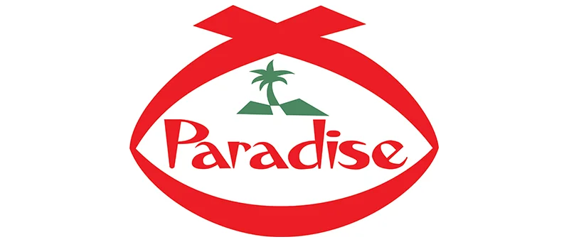 Paradise logo with red text and palm tree.