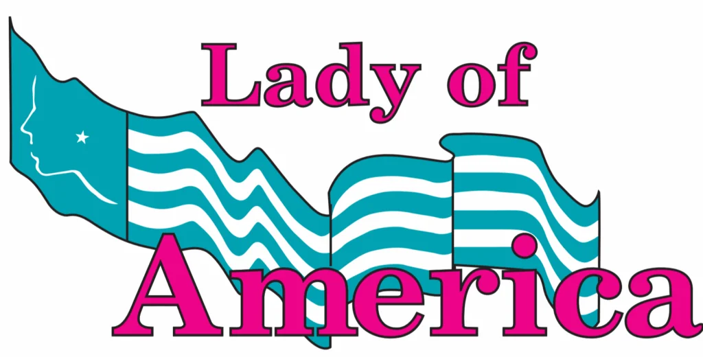 Lady of America logo with teal flag.