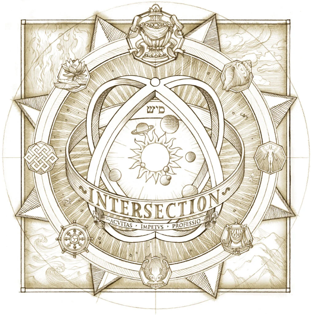 Intricate emblem with celestial theme.