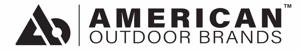 Black logo with a geometric “AOB” symbol followed by the words “AMERICAN OUTDOOR BRANDS” in uppercase letters.