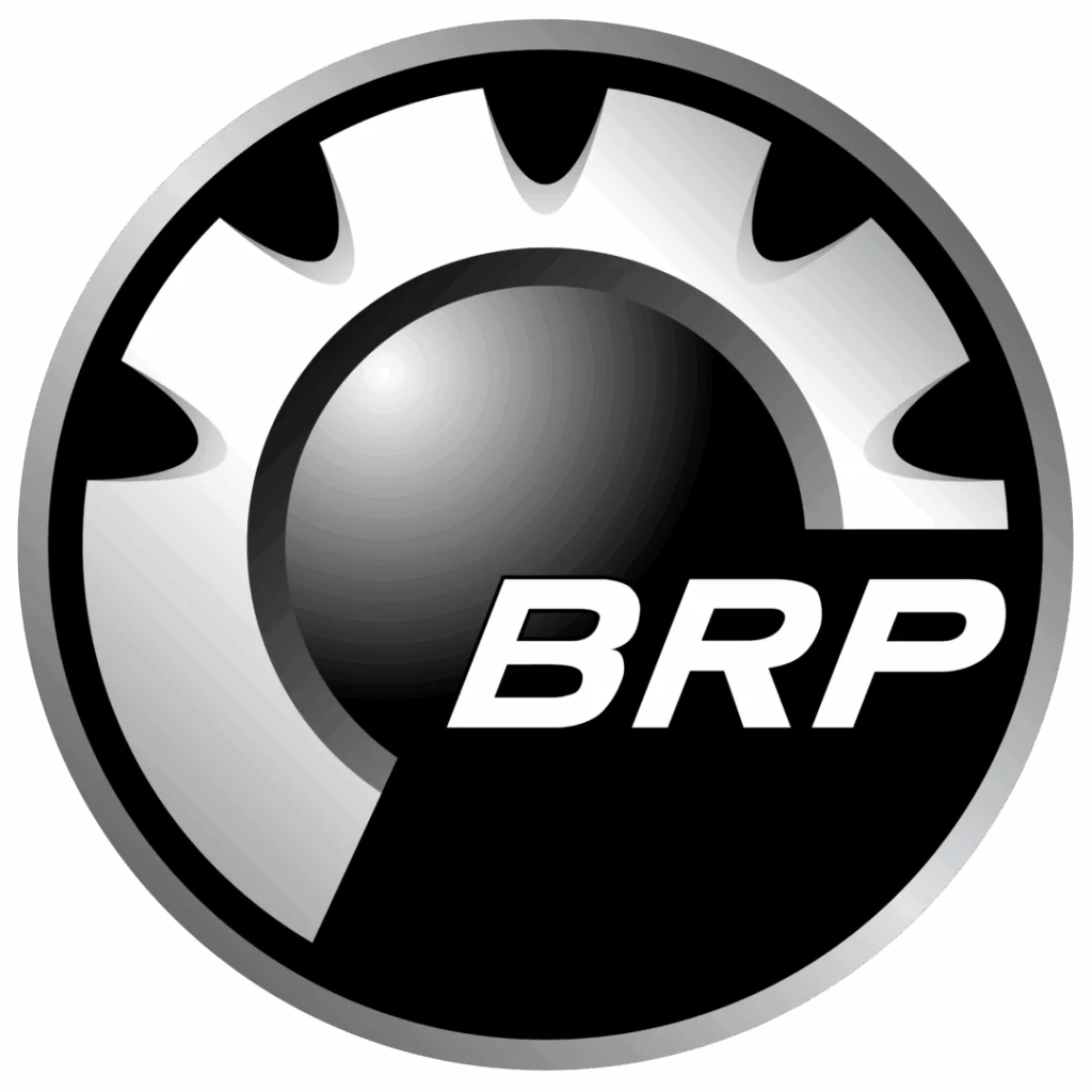 BRP logo featuring a stylized silver and black gear design with the letters “BRP” in bold white text across the lower right portion of the circle.