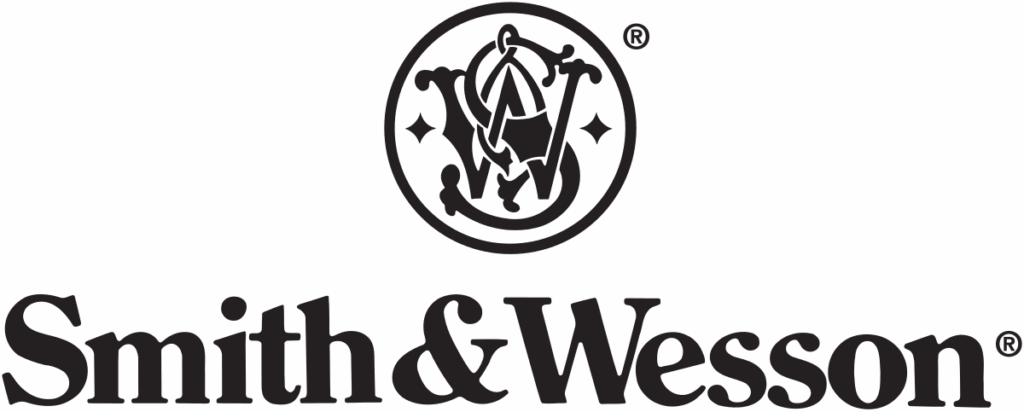 Black logo featuring a circular emblem with intertwined “S” and “W” initials above the brand name “Smith & Wesson” in serif type.