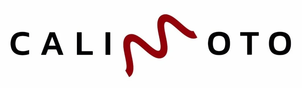 Logo for Calimoto with the brand name in black capital letters and a red, winding road design forming the letter “M” in the center.