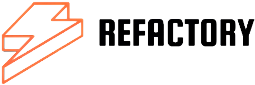 Refactory logo featuring an orange lightning bolt icon alongside the company name in dark text