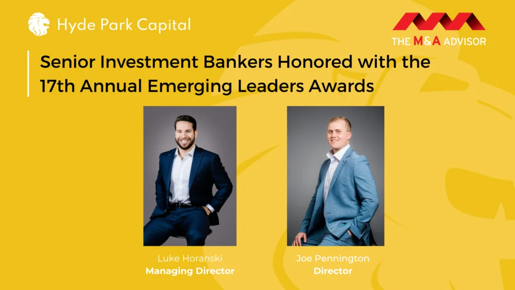 Luke and Joe being recognized as Senior Investment Bankers with the 17th Annual Emerging Leaders Awards