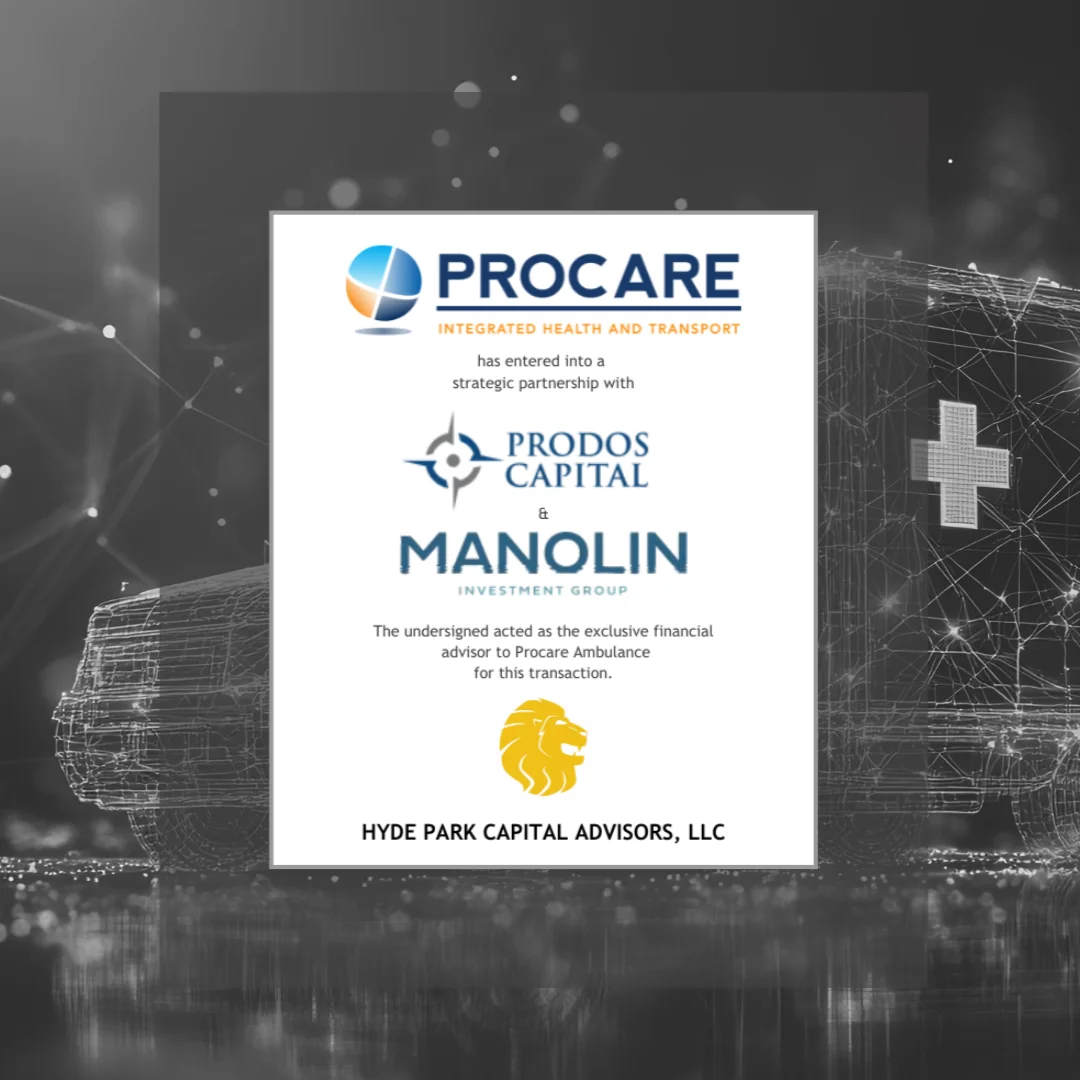 Procare - integrated health and transport, has entered into a strategic partnership with Prodos Capital & Manolin Investment Group. The undersigned acted as the exclusive financial advisor to Procare Ambulance for this transaction