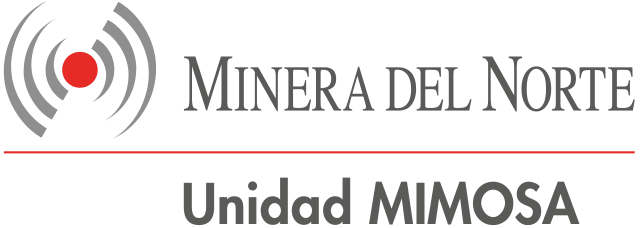 Logo of Minera del Norte Unidad MIMOSA, featuring a stylized circular graphic with a red dot at the center and curved lines radiating outward, symbolizing waves or signals. The company name is written in bold uppercase letters next to the graphic.