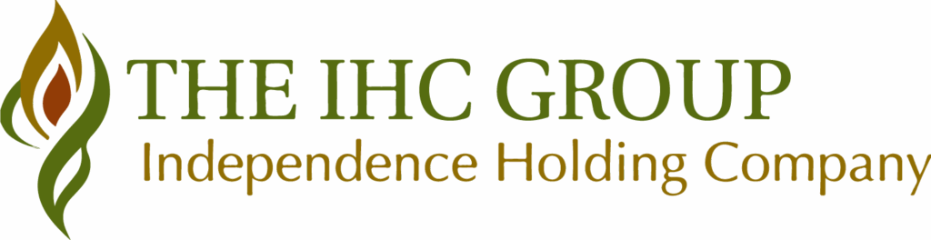 Logo: The IHC Group, green flame design.