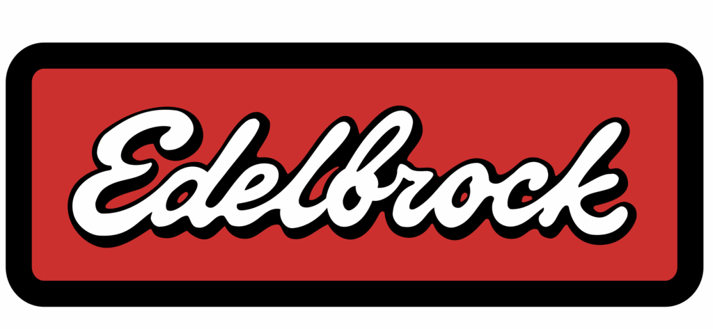 Edelbrock logo on a red background.