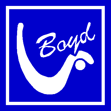 Boyd company logo featuring a stylized white curved symbol and the word 'Boyd' in script, set against a solid blue background with a white border.