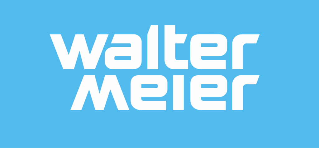 White lowercase “walter meier” text in a bold, geometric font on a light blue background.
